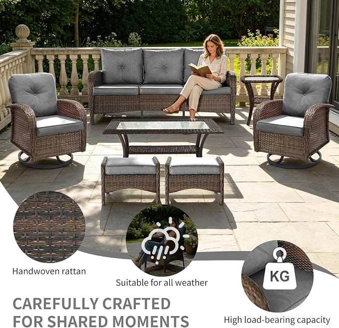 Outdoor Swivel Rocker Patio Chairs (Brown Wicker/Grey Cushion, 7PC/Sofa & Swivel &2 Table & Ottomans)