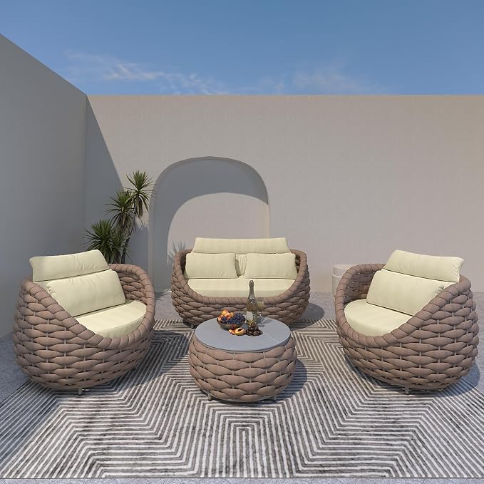 TWT 6-Piece Aluminum Patio Furniture Set, Olefin Rope Modern Outdoor Conversation Set Sectional Sofa with Water Repellent Thick Cushions and Coffee Table for Balcony, Garden, Light Brown