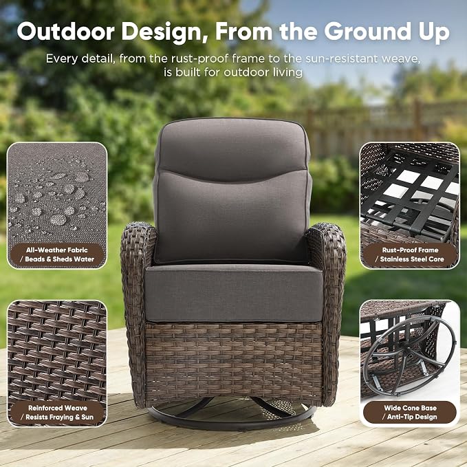 HUMMUH 5-Piece Patio Furniture Set with 6" Thick Cushion High Back Outdoor Swivel Rocker Chairs,3-Seater Sofa,Coffee Table & Ottomans,Wicker Outdoor Conversation Set for Deck, Porch,Poolside