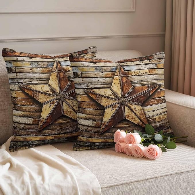 Retro Star Outdoor Waterproof Throw Pillow Covers Set of 2, 18"x18", Abstract Metal Stars Old Weathered Wood Grain Decorative Pillow Covers Outside Cushion Case for Patio Porch Garden