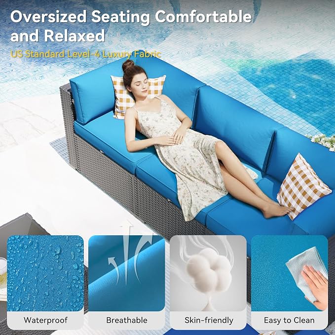 Aoxun Patio Furniture Set, 11 Piece Outdoor Sectional Sofas with Waterprool Cover, 10 Seats Wicker Rattan Outdoor Furniture Patio Conversation Set for Backyard, Garden Peacock Blue