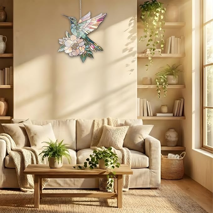 Floral Hummingbird Acrylic Suncatcher, Boho Suncatchers for Window Hanging Ornament, Stained Glass Effect Art Garden Decor for Bird Lover, Gifts for Mother's Day, Mom, Grandma, Wife, Women, Nana