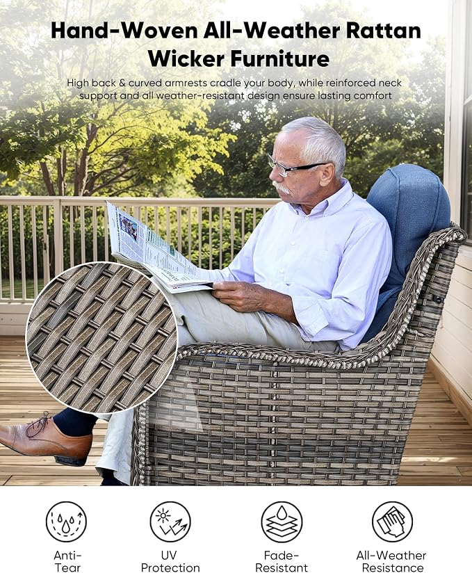 HUMMUH Luxury Patio Furniture Set 6-inch Thick Cushions High Back Swivel Rocker Chairs & 3 Seater-Couch & Steel Fire Pit Table 11 Pieces Outdoor Conversation Set for Porch,Deck,Backyard