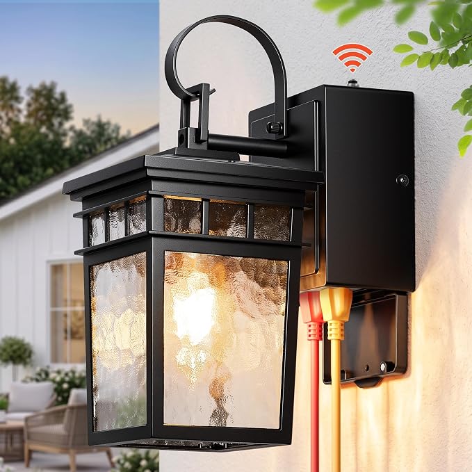 Gleamz Dusk to Dawn Outdoor Lighting with GFCI Outlet, Black Porch Lights Outdoor with Water-Ripple Glass, Anti-Rust Exterior Lights for House, Garage, Patio, Doorway, 100% Aluminum, Waterproof