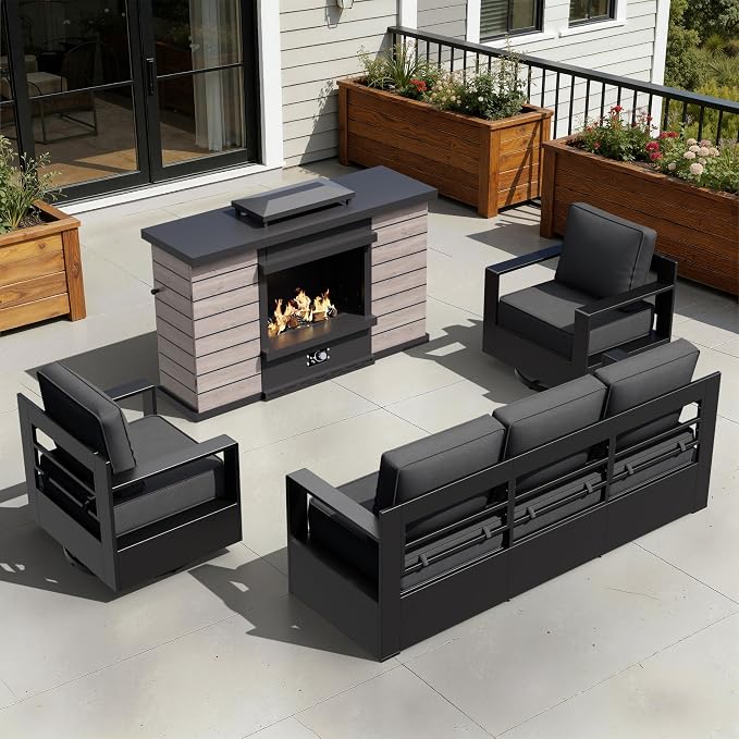 Outdoor Aluminum Furniture Set, 4-Piece Patio Conversation Set, 2 Swivel Chairs, 1 Sofa and 1 Fireplace, All-Weather Metal Frame, 6" Thick Removable Cushions, Deep Setting for Garden and Porch