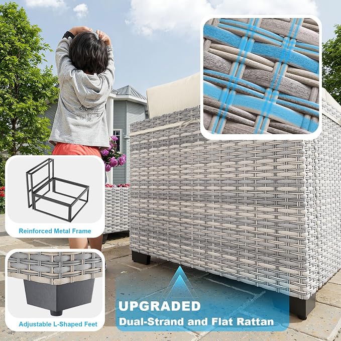 7-Piece Patio Furniture Set, Outdoor Sectional with Thick Cushions, Modular Patio Sofa, Dual-Strand Wicker Rattan, Rust-Resistant Frame, Backyard Furniture for Garden, Deck, Ivory