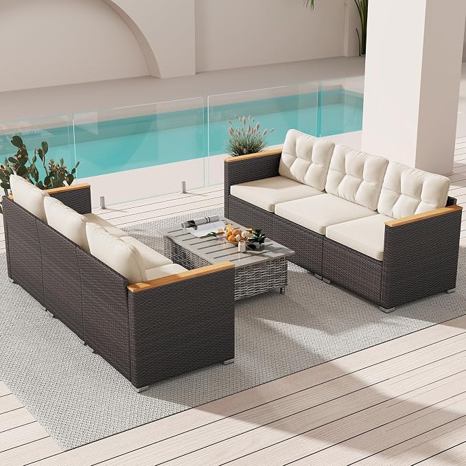 Tangkula 3-Seat Patio Wicker Couch Sofa, Outdoor 3 Seater Rattan Furniture Set with Acacia Wood Armrests & Thick Cushion, Outside Sectional Sofa Couch for Porch, Deck, Garden and Backyard, Off White
