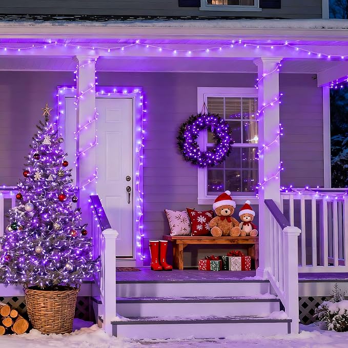 JMEXSUSS Connectable 91.5ft 250 LED Purple Halloween String Lights Indoor | 8 Modes Purple Christmas Lights Outdoor Waterproof, Plug-in Clear Wire Purple String Light for Xmas Bedroom Party Tree