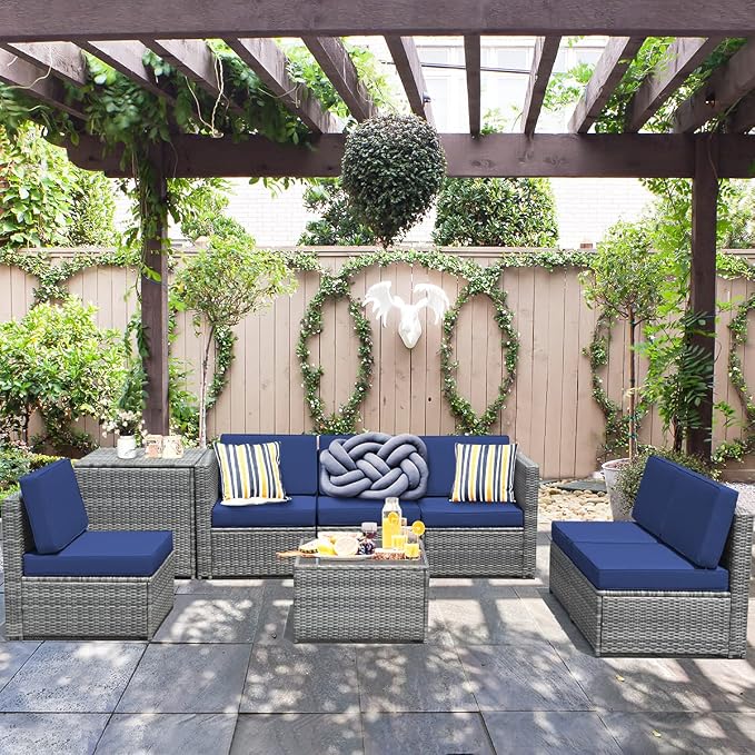 RELAX4LIFE 8-Piece Patio Furniture Set - PE Wicker Conversation Set w/Soft Cushions & Tempered Glass Storage Table, Outdoor Sectional Sofa Set for Garden, Poolside, Backyard (Navy Blue)