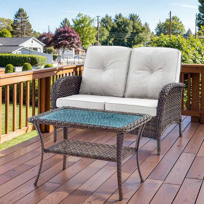 HUMMUH 4-Piece Patio Furniture Wicker Outdoor Conversation Set,All-Weather Rattan Outdoor Sofa Set Patio Chairs Coffee Table for Backyard,Porch,Deck