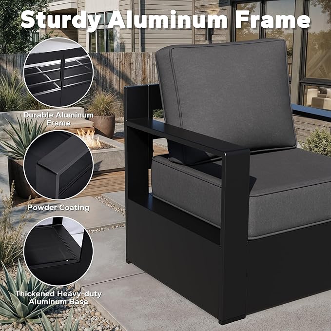 Outdoor Aluminum Furniture Set, 4-Piece Patio Conversation Set, 2 Swivel Chairs and 2 Sofa, All-Weather Metal Frame, 6" Thick Removable Cushions, Deep Setting for Garden, Poolside and Porch