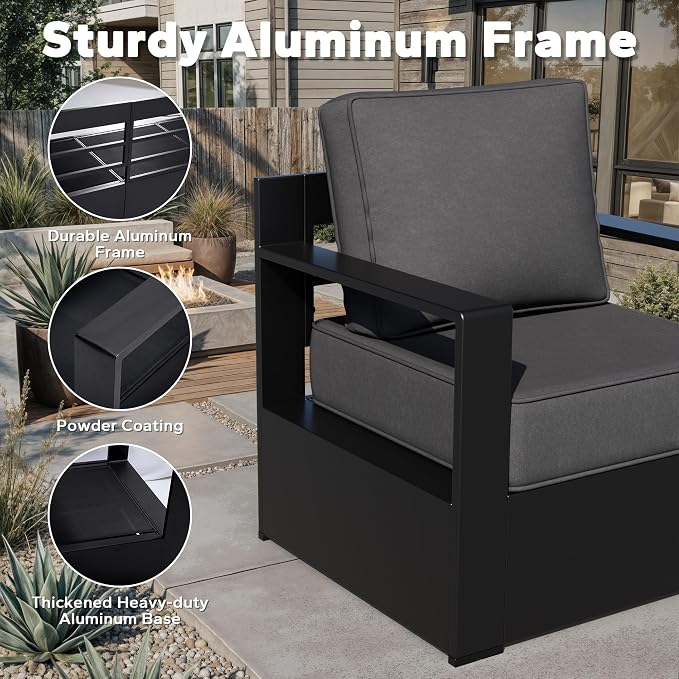 Outdoor Aluminum Furniture Set, 6-Piece Patio Conversation Set, 4 Chairs 1 Sofa and 1 Fireplace, All-Weather Metal Frame, 6" Thick Removable Cushions, Deep Setting for Garden, Poolside and Porch