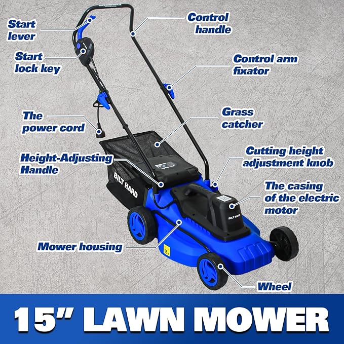 BILT HARD 15" Corded Electric Lawn Mower, 11A Motor 3300RPM Push Mower with 35L Grass Bag, 5 Height Adjustments (1"-3"), Lightweight & Foldable Handle for Small Yards