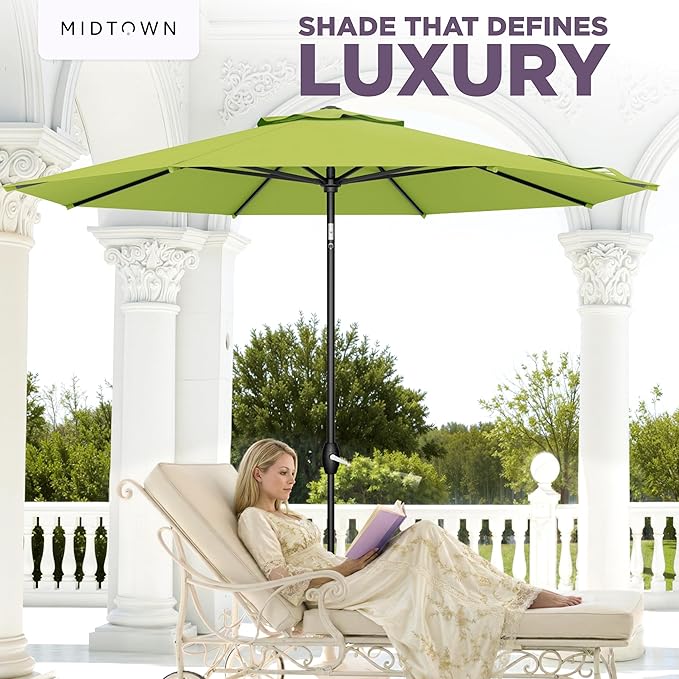 Midtown Umbrellas - The Lean 8 Ft Patio Umbrella with Fade-Resistant Sunbrella Fabric, Auto-Tilt Aluminum Frame and 8 Reinforced Ribs for Deck, Pool & Garden - Macaw Canopy, Black Pole