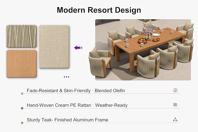 PURPLE LEAF Outdoor Dining Set for 8 with Blended Olefin Cushion Aluminum Luxury Patio Furniture Table and Chairs Set All Weather Wicker Patio Dining Sets for Backyard Garden Deck Pool, Teak