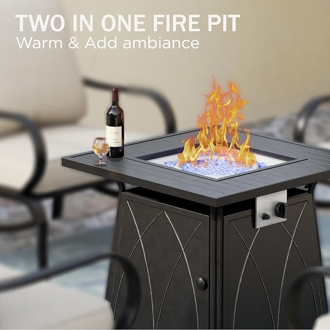 PHI VILLA 5 Piece Patio Furniture Set with 28" Firepit Table, 4 Outdoor 5.75" Cushioned Metal Frame Swivel Sofa Chairs & 28" Gas Firepit Table, Outside Furniture Set for Lawn Garden(Navy Blue)