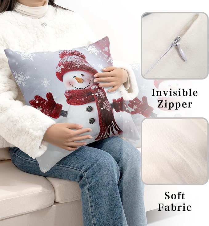 Christmas Snowman Throw Pillow Covers Winter Holiday Pillow Covers 20x20 Set of 2 Red Snowman with Snowflake Cushion Case for Couch Living Room Bedroom Sofa