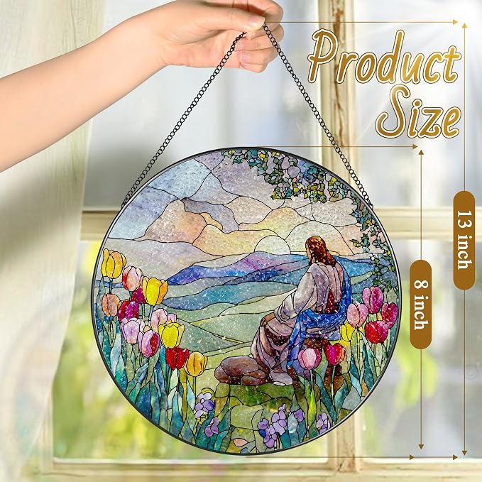 Stained Glass Suncatcher, Jesus and Sunrise Sun Catcher Ornament; Stained Glass Window Hanging, Christmas Ornament, Christian Home Decor; Baptism Gift, Christian Gifts, Religious Gifts