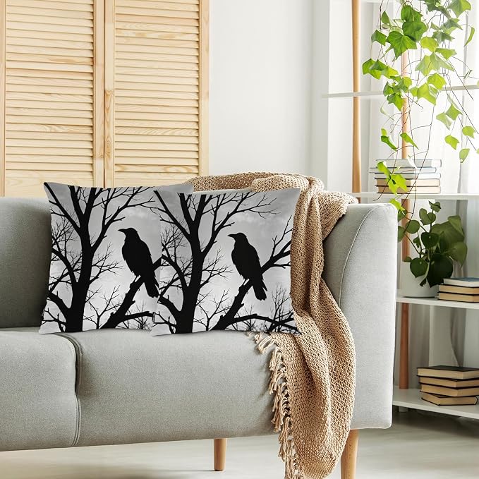 Swono Raven Pack of 2 Throw Pillow Cases, Wild Bird Black Ravens On Tree Branch Cozy Pillow Cover Square 18"X18" Cushion Case Set Pillowcase Decorative for Home Sofa Bedroom Car Office