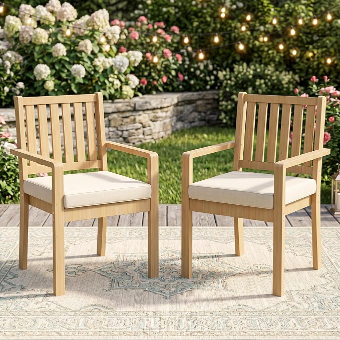 FansaFurn Acacia Patio Chairs Set of 2 for All-Weather, Solid Wood Outside Furniture with 3.1" Thick Cushions, Modern Outdoor Chairs for Backyard, Porch, Garden, Indoor Use, Brown