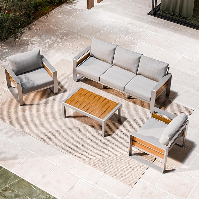 ZANDOR Aluminum Outdoor Patio Furniture Set with Coffee Table, 5 Seats Patio Conversation Sets with Washable Thick Cushions, Outdoor Sectional for Porch, Backyard, Deck, Garden & Poolside, Silver