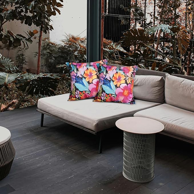 TAJWE Outdoor Pillow Covers 20x20 Inch Set of 2 Black Floral Waterproof Throw Pillowcases Modern Farmhouse Decorative Square Cushion Cases for Patio Furniture Garden Bench Porch Decor