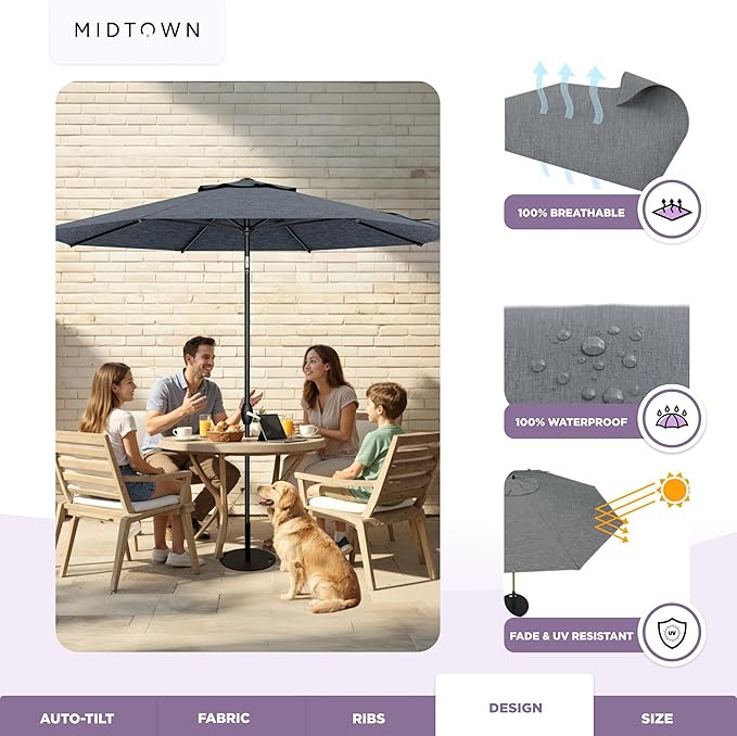 Midtown Umbrellas 10-Year-No-Fade - 8 Ft - UV Proof Heather Grey Polyester Fabric - Umbrella Outdoor Patio, Auto-Tilt Aluminum Frame Patio Umbrella for Garden, Pool & Deck - Black Pole