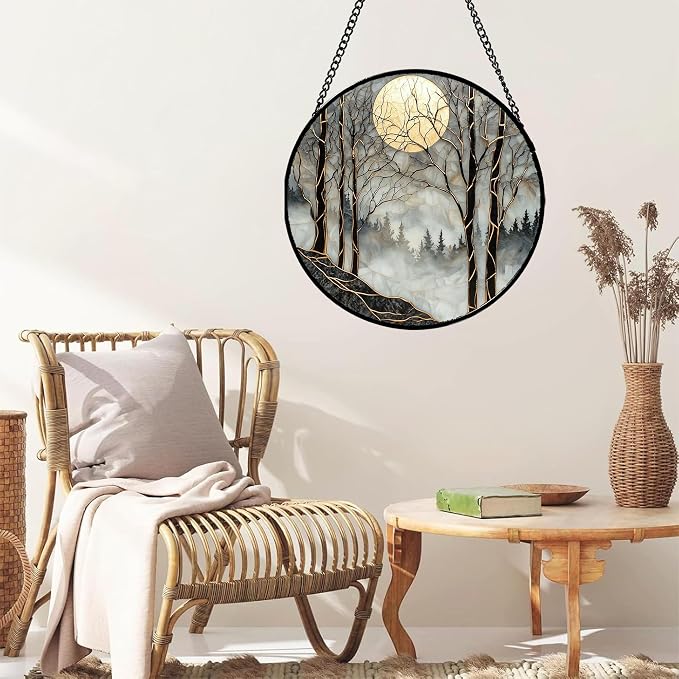 Stained Glass Window Hanging - Black and White Gold Moon Forest Sun Catcher for Door Home Decor Suncatcher Christmas Mother's Day Birthday Gifts for Women Men Lovers Mom Nana 9.8 in