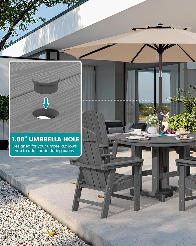 SERWALL 5-Piece Patio Dining Sets, HDPE Outdoor Table and Chairs Furniture Set, 45" Round Dining Table and 4 Adirondack Dining Chair, Grey
