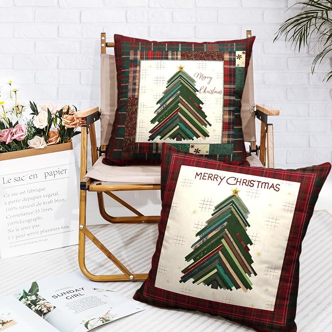 Merry Christmas Pillow Covers 18x18 Set of 2 Red Classic Checkered Green Xmas Tree Throw Pillow Covers Holiday Pillowcase Double Sided Printing Cushion Case for Couch Sofa
