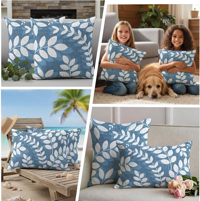 Lake Blue Leaves Outdoor Waterproof Throw Pillow Covers 24x24 Set of 2, Farmhouse Botanical Branch Vintage Boho Leaf Decorative Pillowcases Cushion Pillowcase for Couch Sofa Patio Pillow Protector