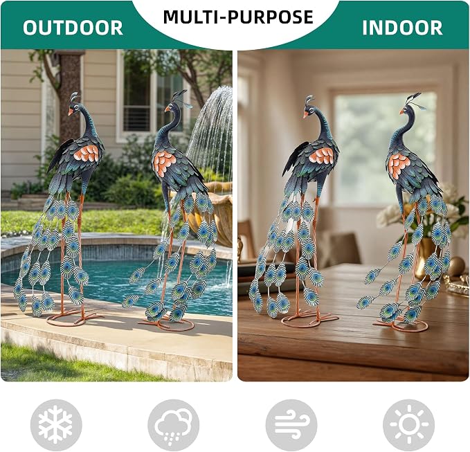 36" Peacock Decor Set of 2, Metal Yard Art Hand-Painted | Oversized Garden Statues & Sculptures for Lawn, Flower Beds, Patio, Backyard , Indoor Kitchen & Home Decor,Weatherproof