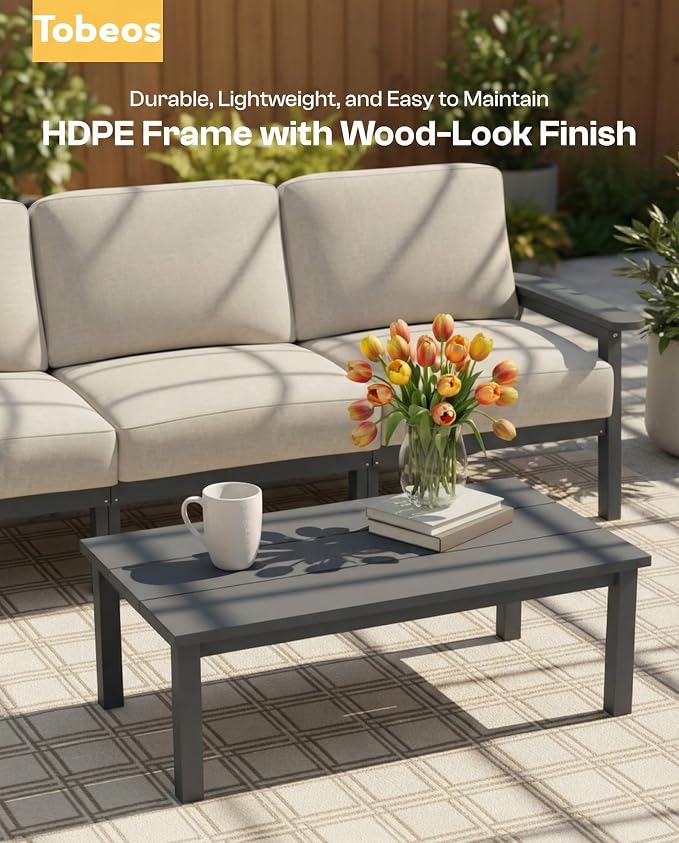 HDPE Patio Furniture Set 5 Seats with Cantilever Umbrella, Outdoor Couch with Washable Thick Beige Cushions & Tables, Outdoor Sectional Furniture for Deck, Lawn, Porch (Gray Frame)