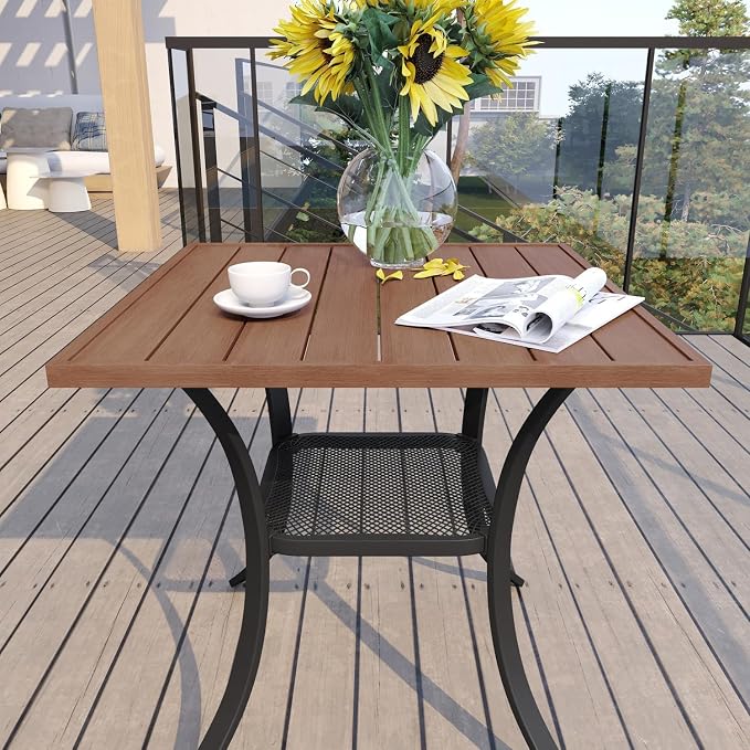 VICLLAX 3 Pieces Patio Dining Set for 2-28" Square Small Outdoor Table and 2 Patio Swivel Chairs for Lawn Garden, Walnut Tabletop and Mixed Brown Fabric
