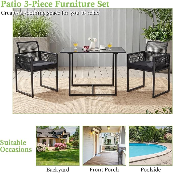 Tangkula 3 Pieces Outdoor Dining Set, PE Rattan Patio Furniture Set with Folding Backrest, Cozy Seat Cushions, Tempered Glass Tabletop, Space-Saving Bistro Table and Chairs Set of 2 for Backyard Pool