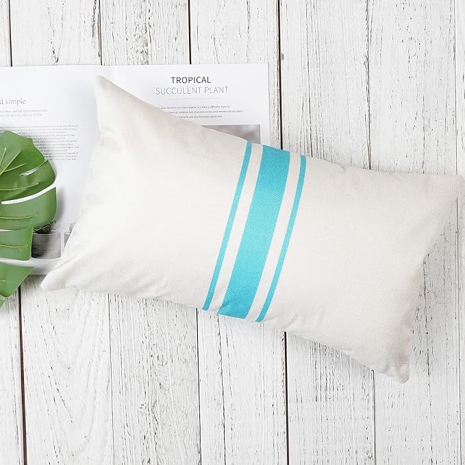 ONWAY Outdoor Pillow Covers Waterproof 12x20 Set of 2 Decorative Linen Throw Pillow Cover Beige and Blue Striped Outdoor Pillows for Patio Furniture