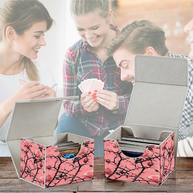 Card Deck Box for MTG, Cards Storage Box Fits 120+ Sleeved, Leather Small Size Strong Magnetic Closing Card Case for Board Games Magic TCG CCG Baseball Collection, Pink Flower Tree