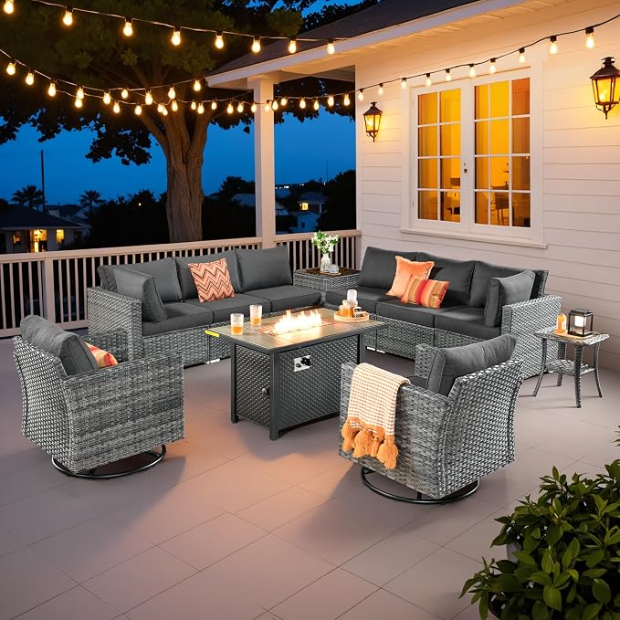 Weaxty 11 Piece Patio Furniture Set with Fire Pit Table, Outdoor Sectional Couch Swivel Rocker Patio Chairs with Coffee Table Wicker Conversation Sets for Balcony Backyard, Black