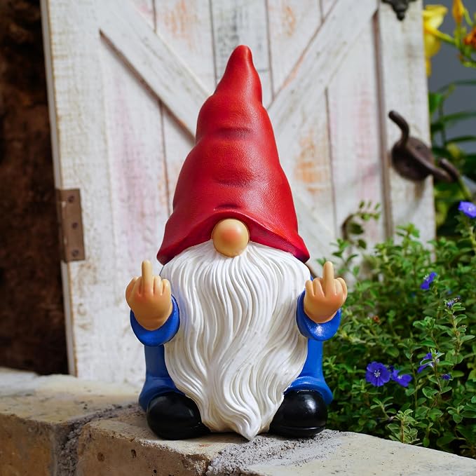Middle Finger Gnome Statue 12.4in, Large Naughty Garden Gnome Statue Decoration and Lawn Ornament - Funny Garden Gnomes for Outdoor or Home Decor