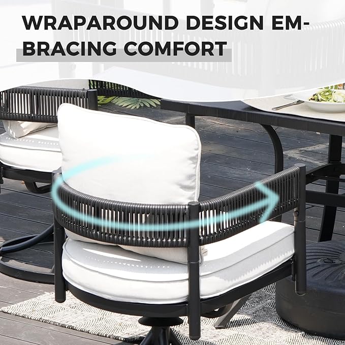 Grand patio 7 PCS Outdoor Dining Set, Patio Table and Chairs Set for 6, Metal Woven Wicker Swivel Patio Chairs with Thickened Cushions & 1 Rectangular Woodgrain Dining Table with Umbrella Hole (Black)