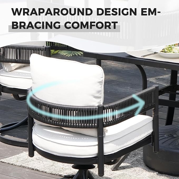 Grand patio 7-Piece Expandable Table Dining Set for 6 to 10, Aluminum Outdoor Dining Table with Glass Tabletop, Metal Woven Wicker Swivel Patio Chairs with Cushions for Yard, Poolside, Deck (Black)