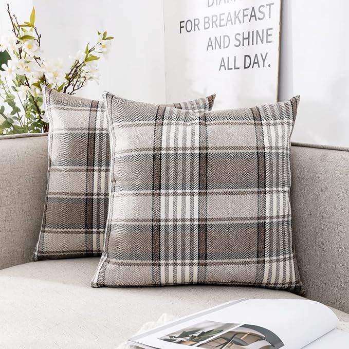 Brown Outdoor Plaid Large Pillow Covers 22x22,Fall Winter Home Decor Indoor | Set of 2, Couch Checkered Plaid Pillow Covers 22 x 22, Fall Winter Pillows Decorative Throw Pillows, Fall Winter Porch Decor