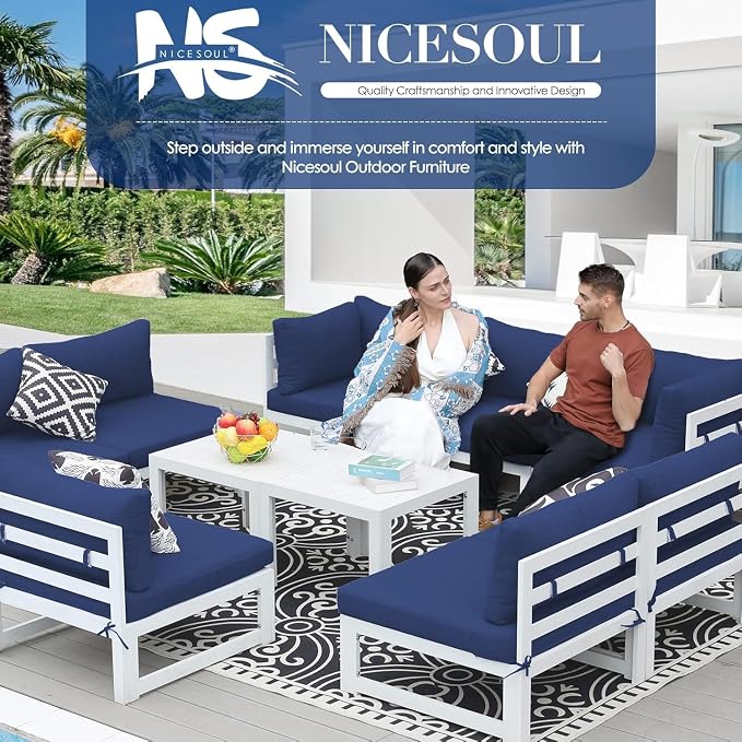 NICESOUL 14 Piece Extra Large Contemporary Aluminum Outdoor Furniture Set with End Table 29" Deep Wide Couch Set, 500 lbs High Weight Capacity Modular Patio Sectional Sofa for Poolside Deck, Navy Blue