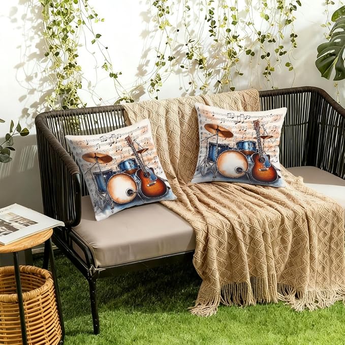 18x18 Inch Outdoor Pillow Covers Set of 2 Waterproof Throw Pillow Covers Decorative Couch Cushion Covers Music Guitar Drum Stand Square Pillowcases Protectors for Patio Garden Sofa