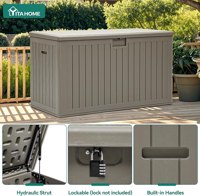 YITAHOME 220 Gallon Extra Large Deck Box, Double-Wall Resin Outdoor Storage Box with Flexible Divider for Patio Cushions Pool Supplies Garden Tools, 990 lbs Load Capacity, Lockable (Light Brown)