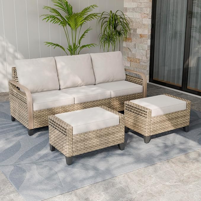 EAGLE PEAK Modern Wicker Outdoor Patio Furniture Set, Patio Conversation Set, a 3-Seat Loveseat and 2 Ottomans, 3 Pieces, Brown/Gray