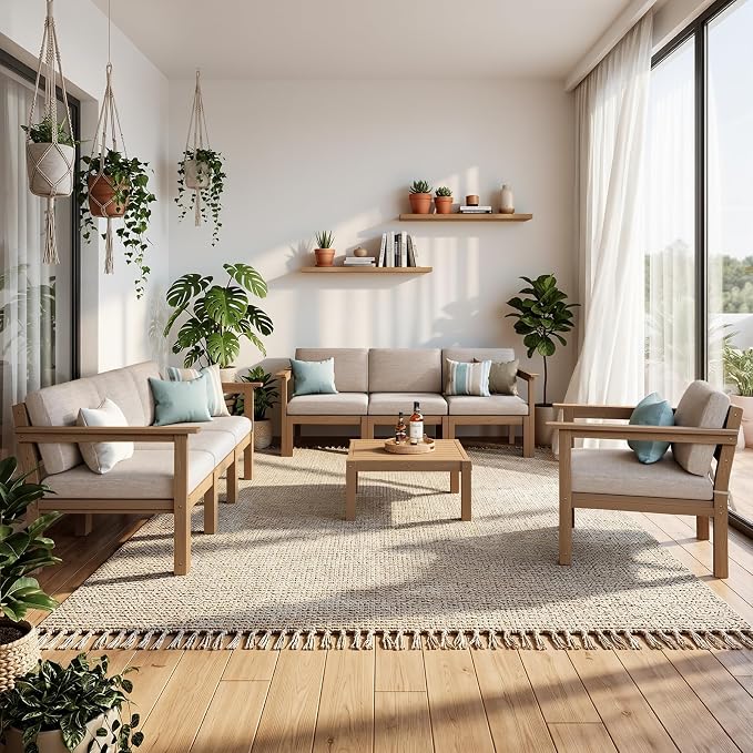 Stoog 3-Seater Patio Sofa, Modular Outdoor Sectional with Waterproof HIPS Frame & Quick-Dry Olefin Cushions – All-Weather for Backyard, Deck, Garden, Teak