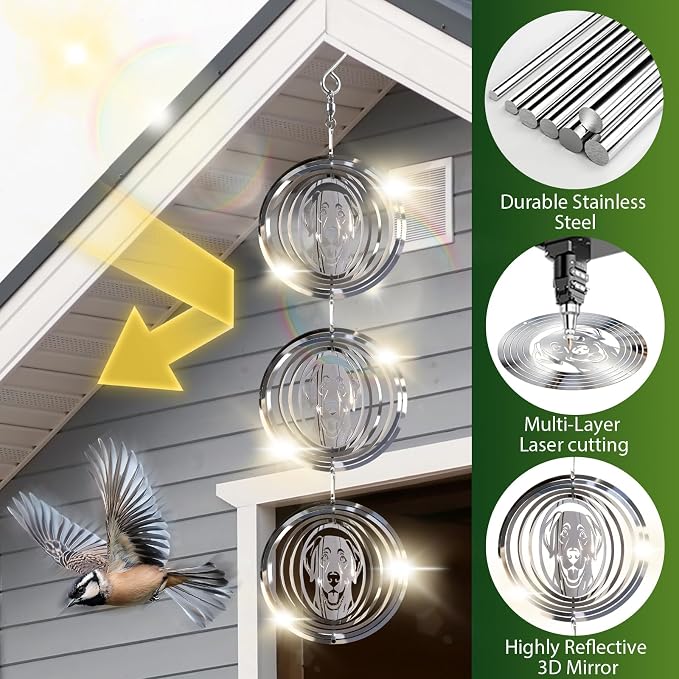 CHONOVO Bird Deterrents for Outside, 12 Discs 4 Set Reflective Dog Wind Spinners, 3D Bird Scare Devices to Keep Woodpecker Pigeon Away, Outdoor Hanging Bird Reflectors for Patio, Roof, Garden, Yard
