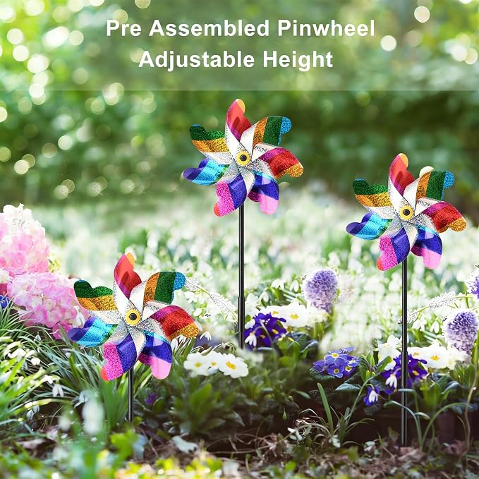 10 Pack Pre-Assembled Pinwheels for Yard and Garden, Colorful | Wind Spinner Measures 19.7'' H x 6.8'' W, Reflective Surface Sparkles In Sunlight, Connect Stakes For Yard, Garden Or Lawn