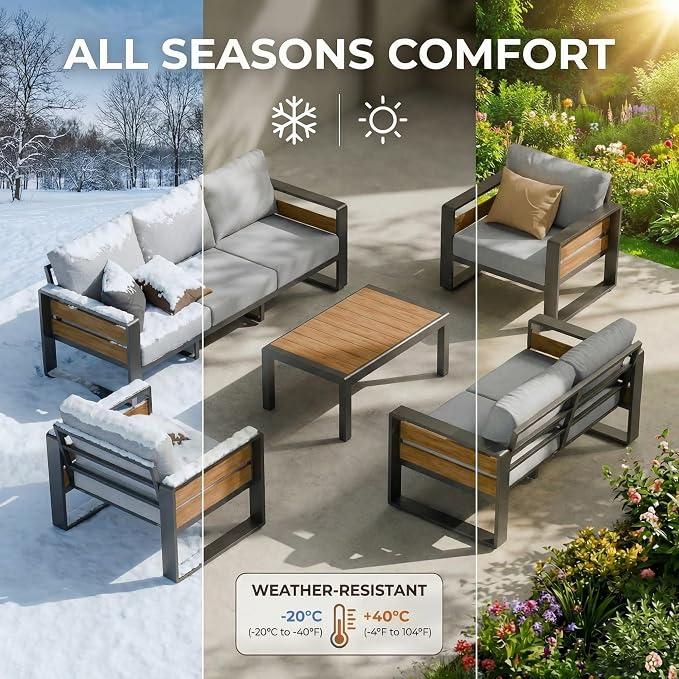 ZANDOR Aluminum Outdoor Patio Furniture Set with Table,4 Seat, Grey | Rustproof,High weight capacity,Water-repellent,Washable Cover,All-Weather Resistant,Easy clean,for Poolside Backyard Deck